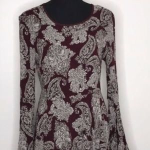 Urban Outfitters Bell- Sleeve Paisley Maroon and White Dress